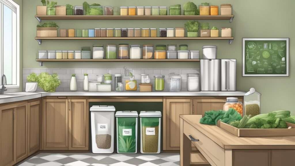 zero-waste kitchen with reusable jars and compost bin
