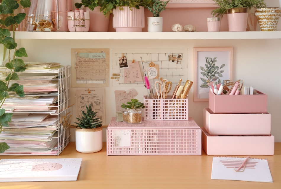 Home organization pink workspace